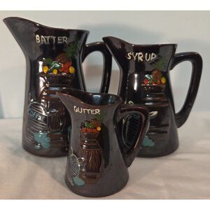 Vintage Japan Brown Pottery Batter Syrup Butter Pitcher Set